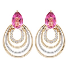 18 Karat Yellow Gold Pear Shaped Pink Tourmaline Diamond Drop Earrings