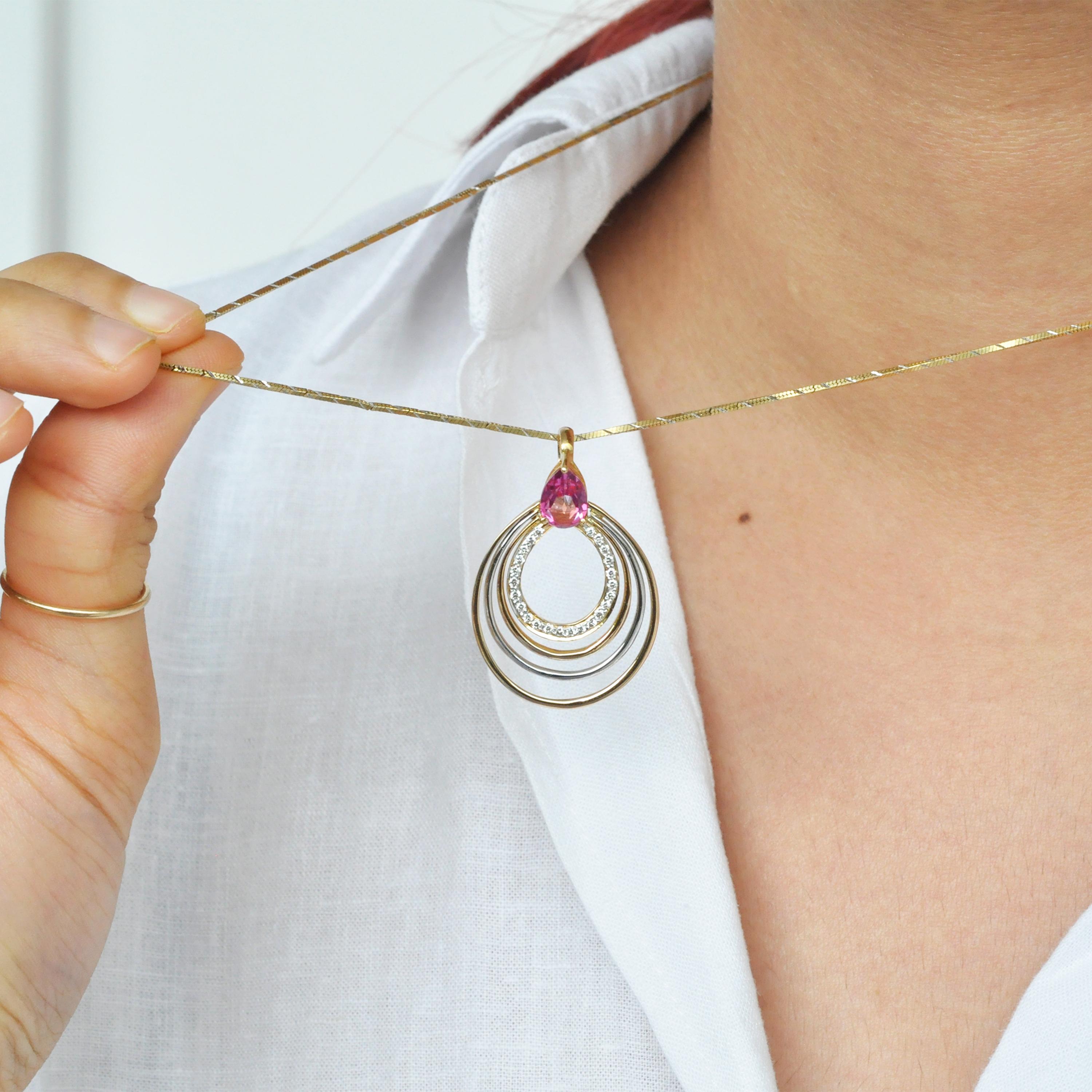 Pear Cut 18 Karat Yellow Gold Pear Shaped Pink Tourmaline Diamond Pendant Necklace