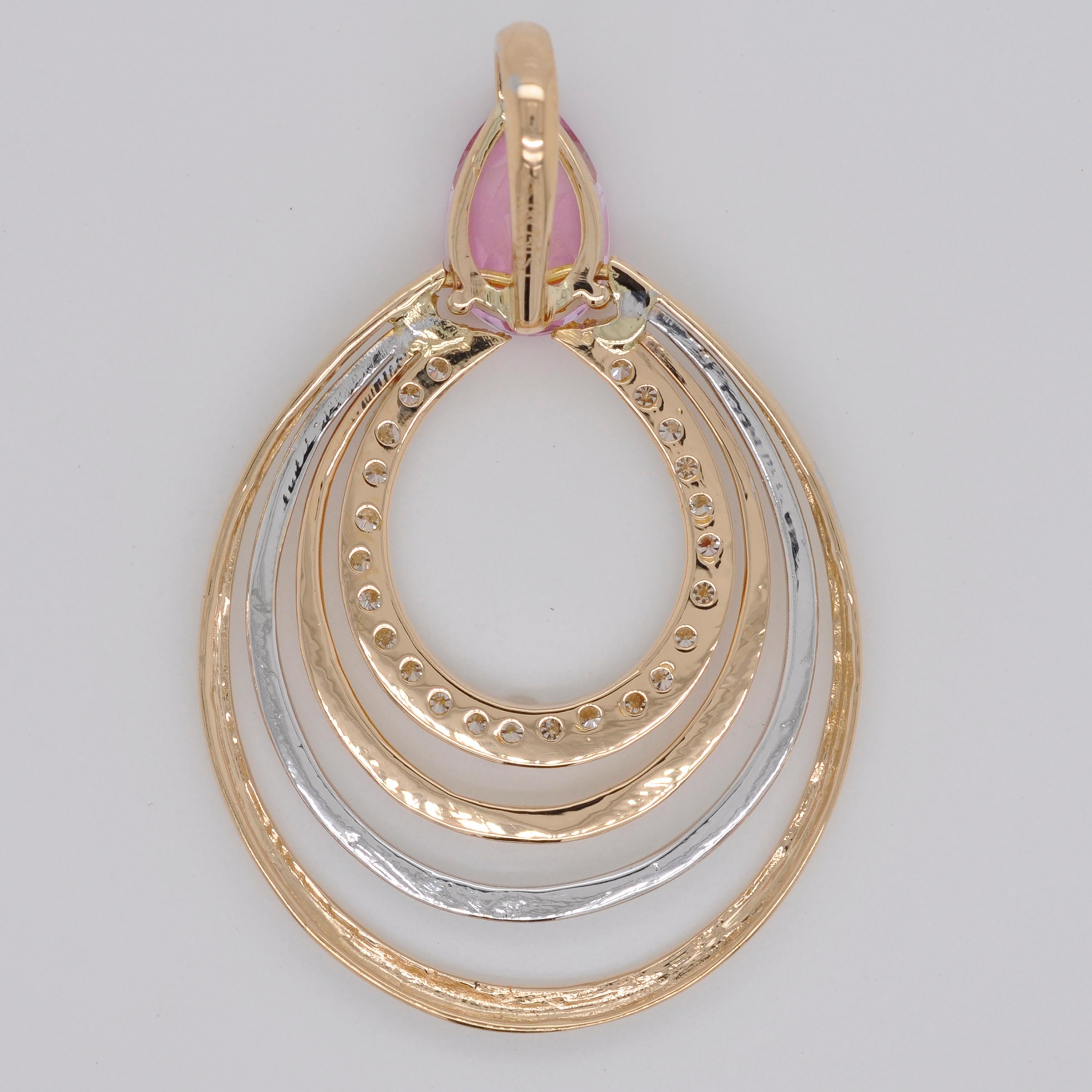18 Karat Yellow Gold Pear Shaped Pink Tourmaline Diamond Pendant Necklace 2