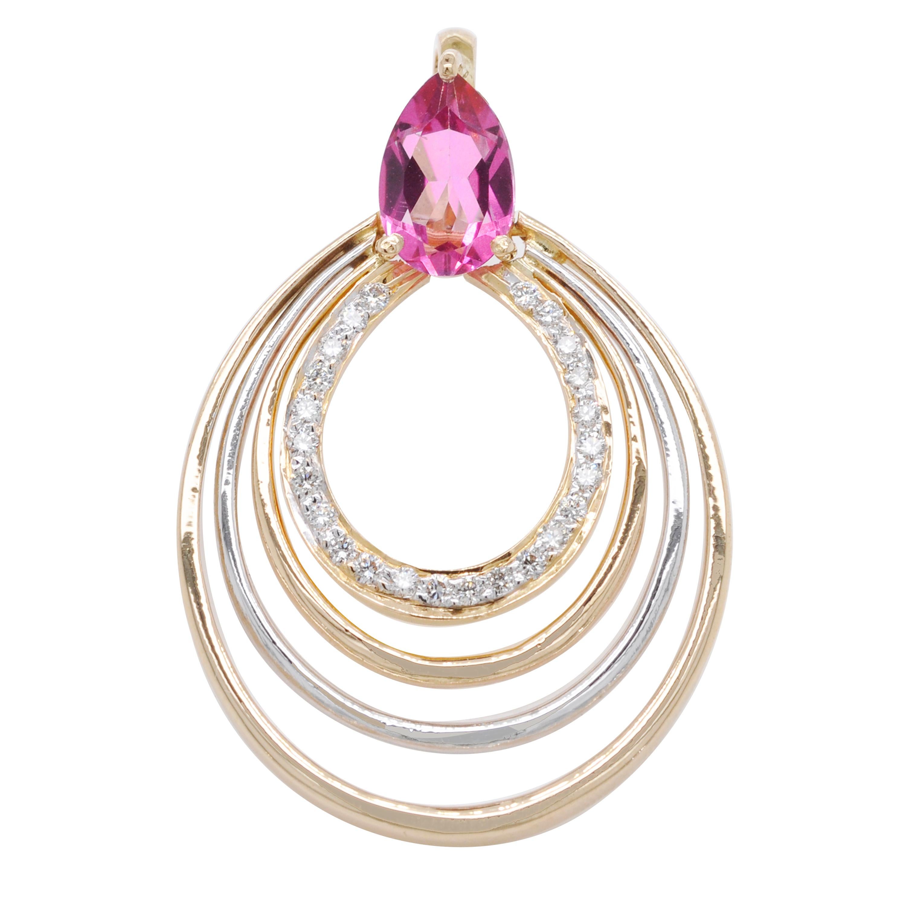 18 Karat Yellow Gold Pear Shaped Pink Tourmaline Diamond Pendant Necklace