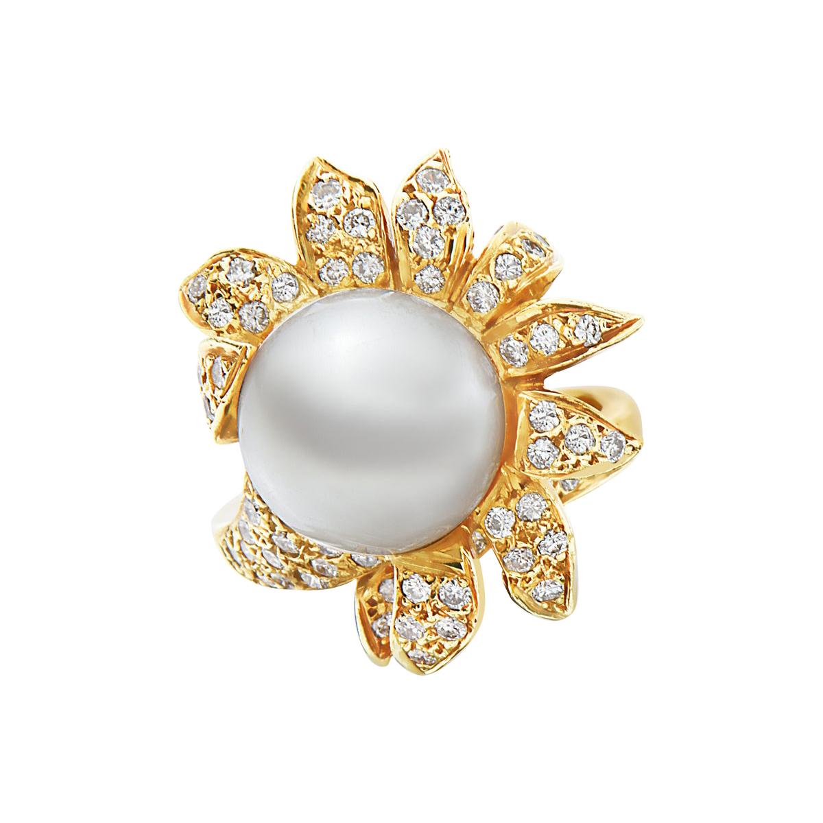 18 Karat Yellow Gold Pearl and Diamond Cocktail Ring