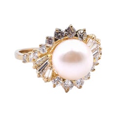 Bague cocktail en or jaune 18 carats, perles et diamants