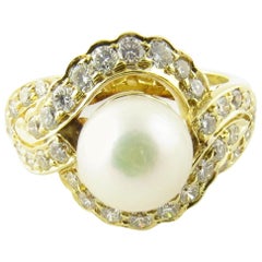 18 Karat Yellow Gold Pearl and Diamond Ring