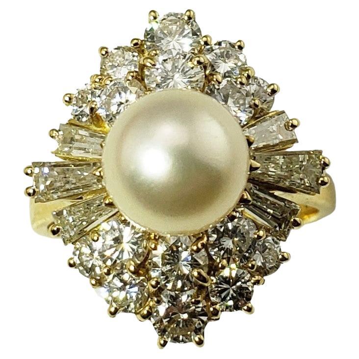 18 Karat Yellow Gold Pearl and Diamond Ring #12842 For Sale