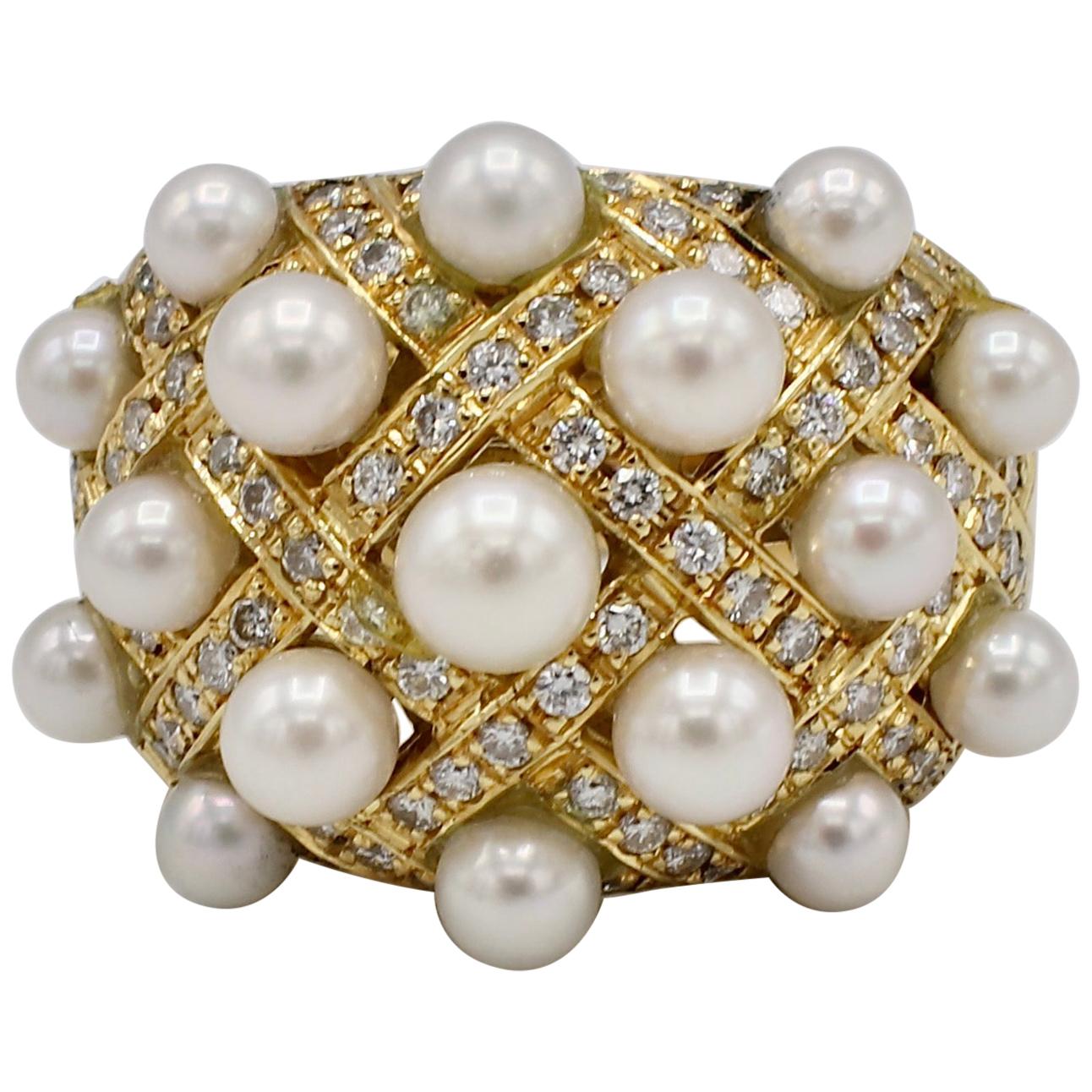 18 Karat Yellow Gold Pearl and Diamond Woven Cocktail Ring