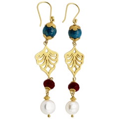 18 Karat Yellow Gold Pearl and Gemstone Dangle Drop Earrings