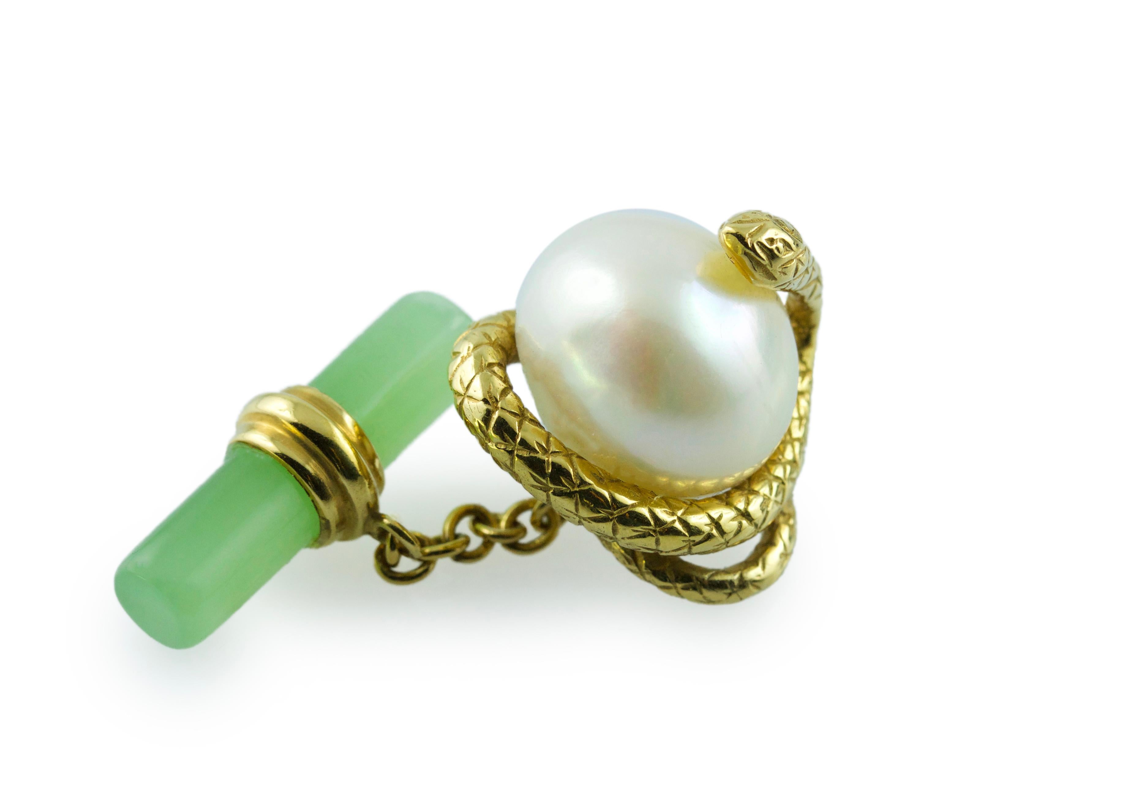 Mixed Cut 18 Karat Yellow Gold Pearl and Jade Snake Cufflinks For Sale