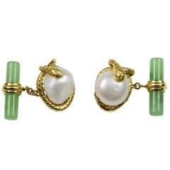 18 Karat Yellow Gold  Pearl and Jade Snake Cufflinks
