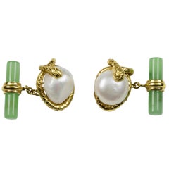 18 Karat Yellow Gold  Pearl and Jade Snake Cufflinks 