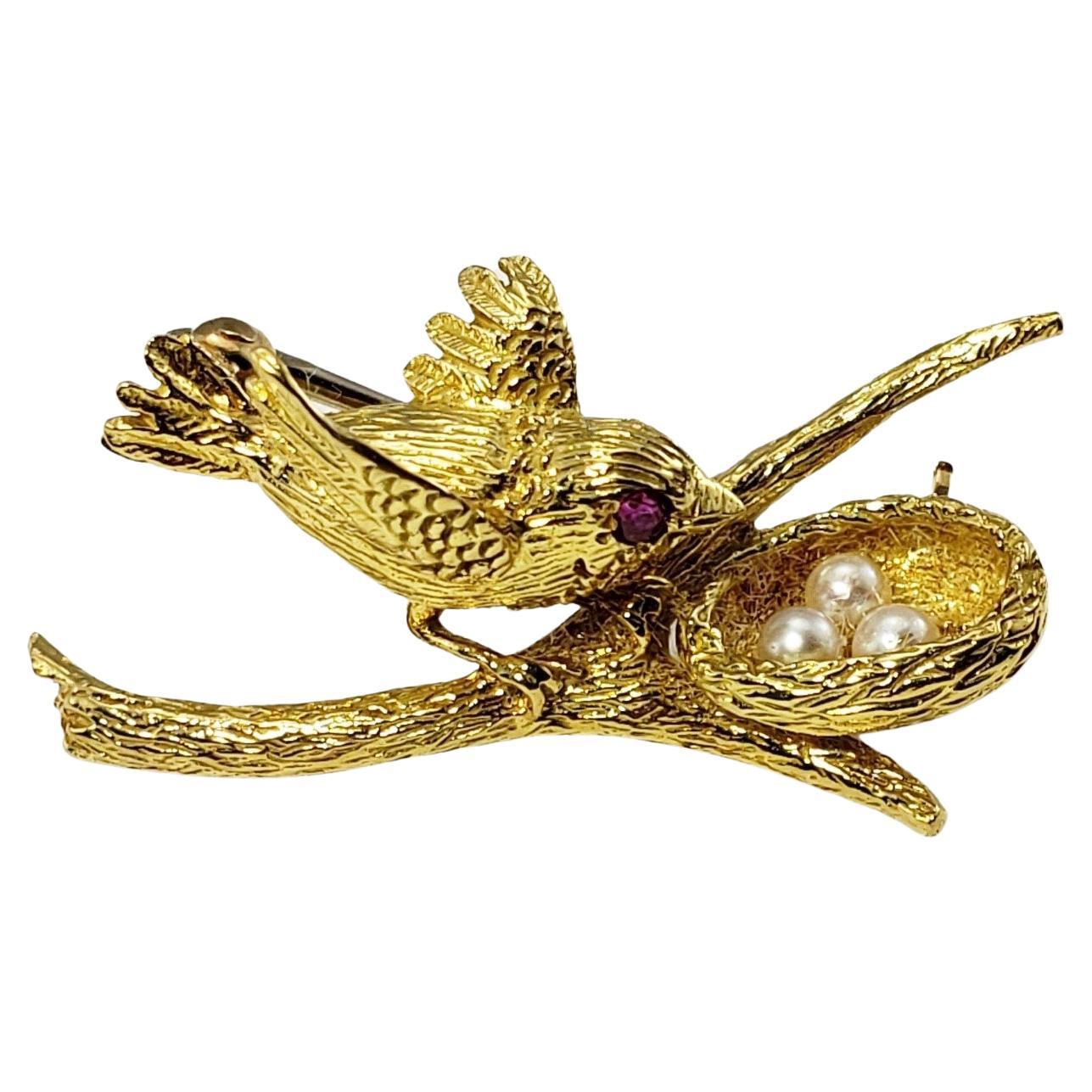 18 Karat Yellow Gold, Pearl and Ruby Bird and Nest Pin/Brooch