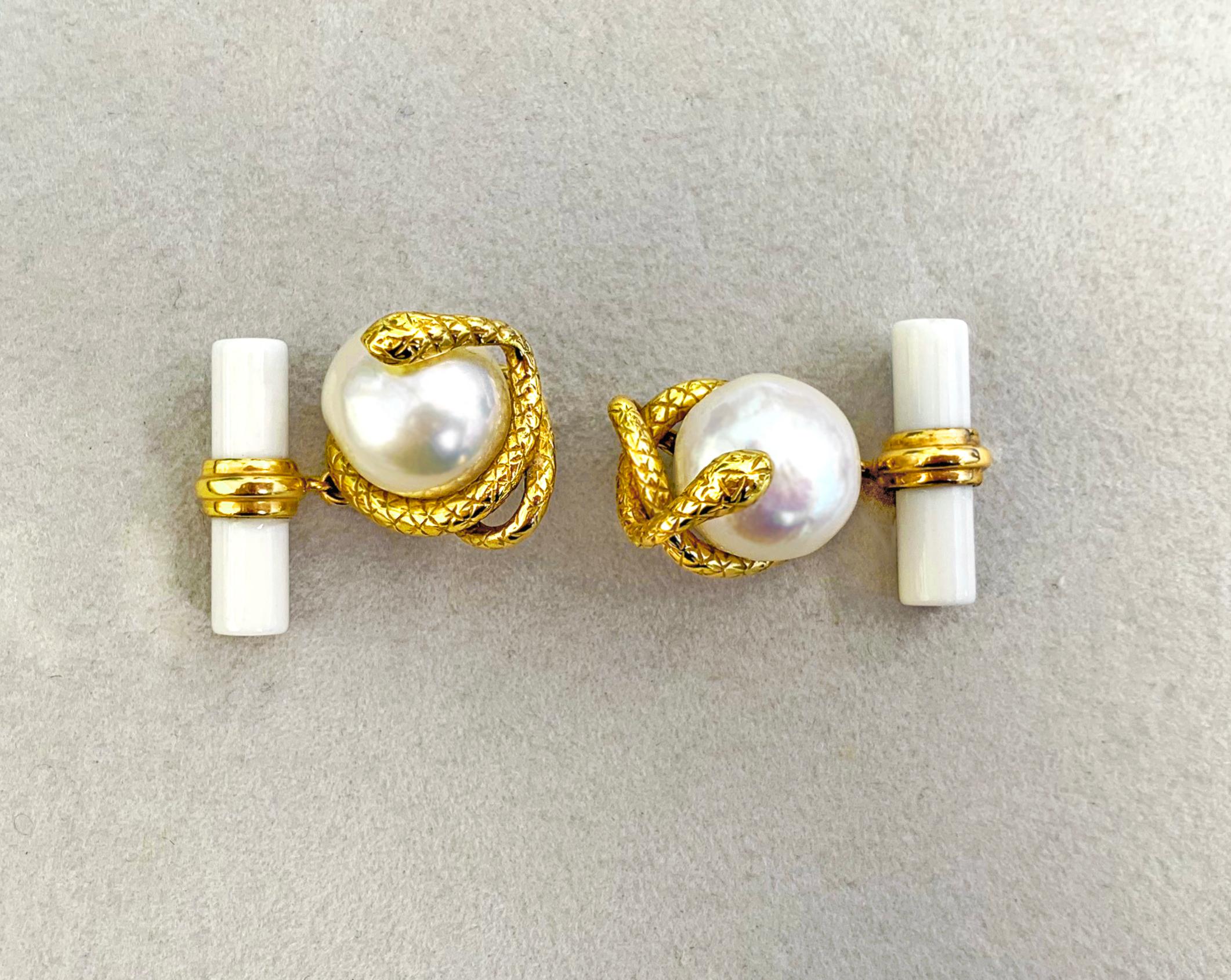 Square Cut 18 Karat Yellow Gold Pearl and White Agate Snake Cufflinks For Sale