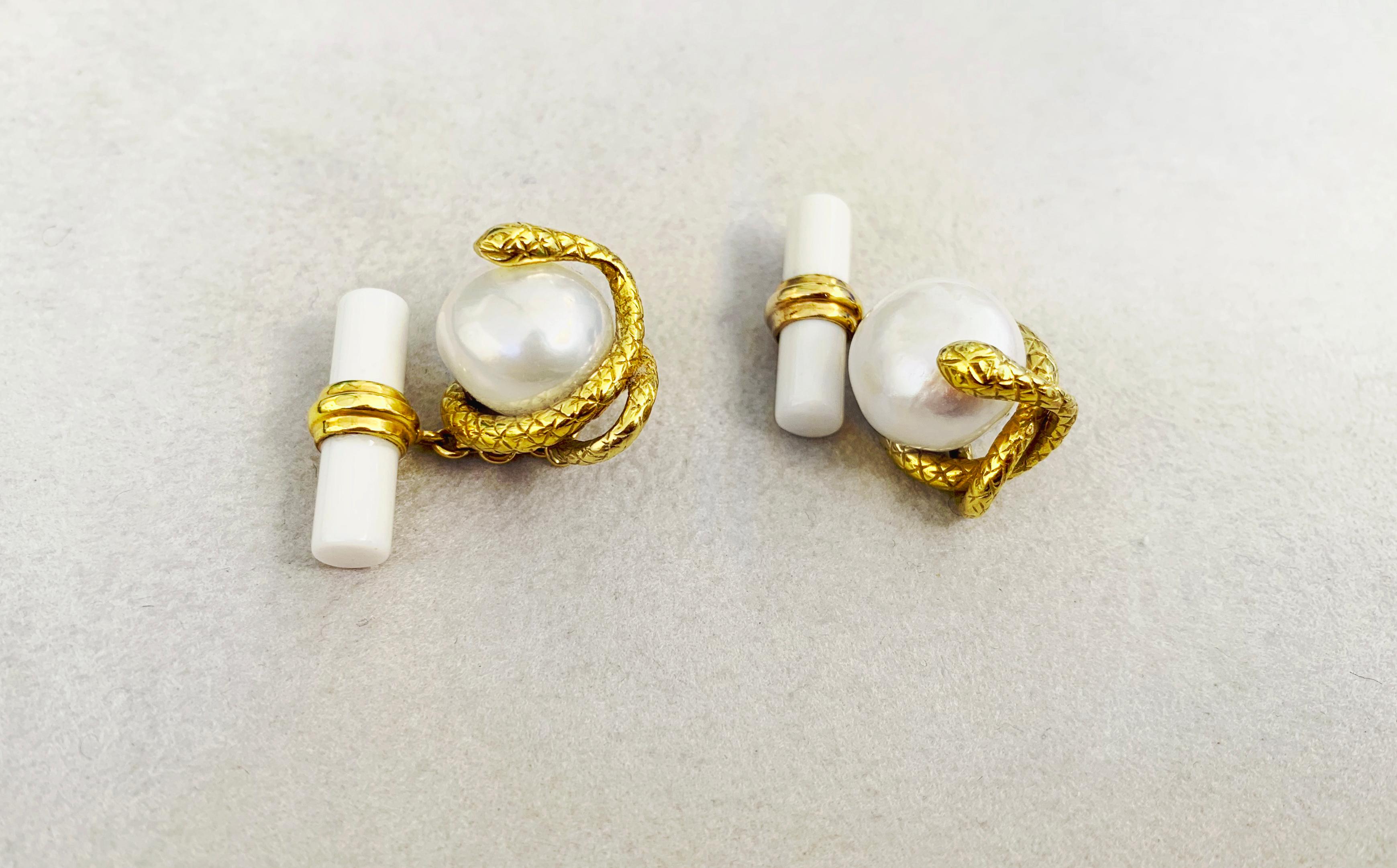 Women's or Men's 18 Karat Yellow Gold Pearl and White Agate Snake Cufflinks