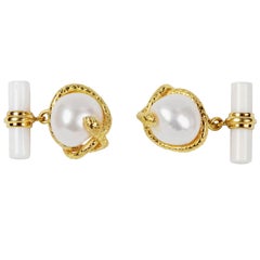 18 Karat Yellow Gold Pearl and White Agate Snake Cufflinks