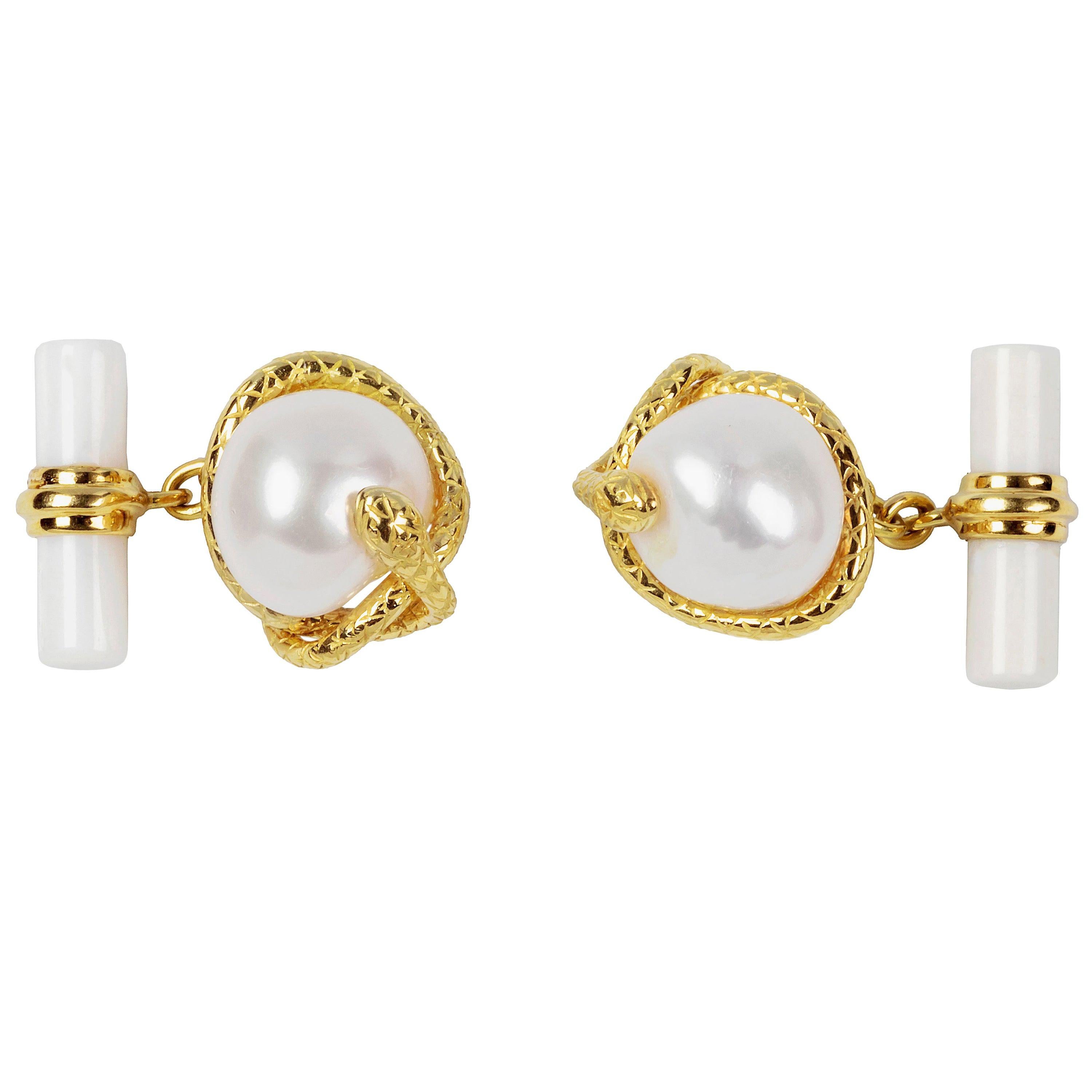 18 Karat Yellow Gold Pearl and White Agate Snake Cufflinks