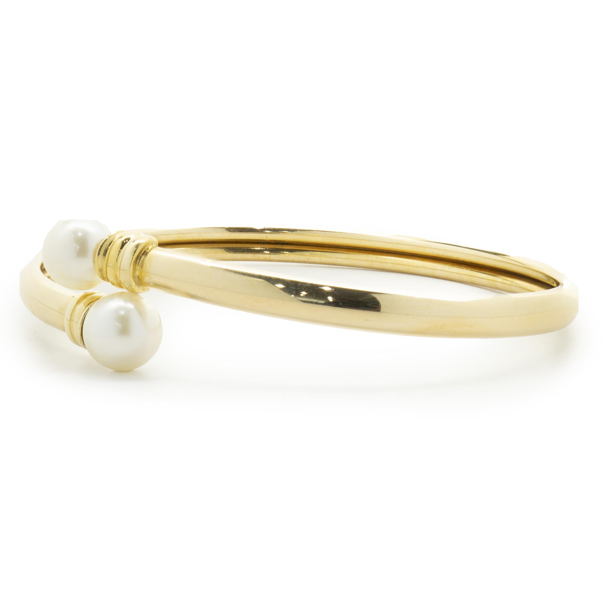 Round Cut 18 Karat Yellow Gold Pearl Bypass Bracelet For Sale