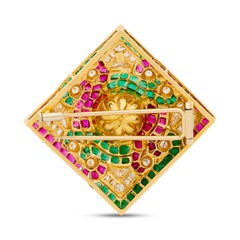 18 Karat Yellow Gold Pearl, Diamond, Emerald and Ruby Square Geometric Pin