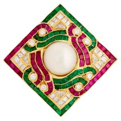 18 Karat Yellow Gold Pearl, Diamond, Emerald and Ruby Square Geometric Pin