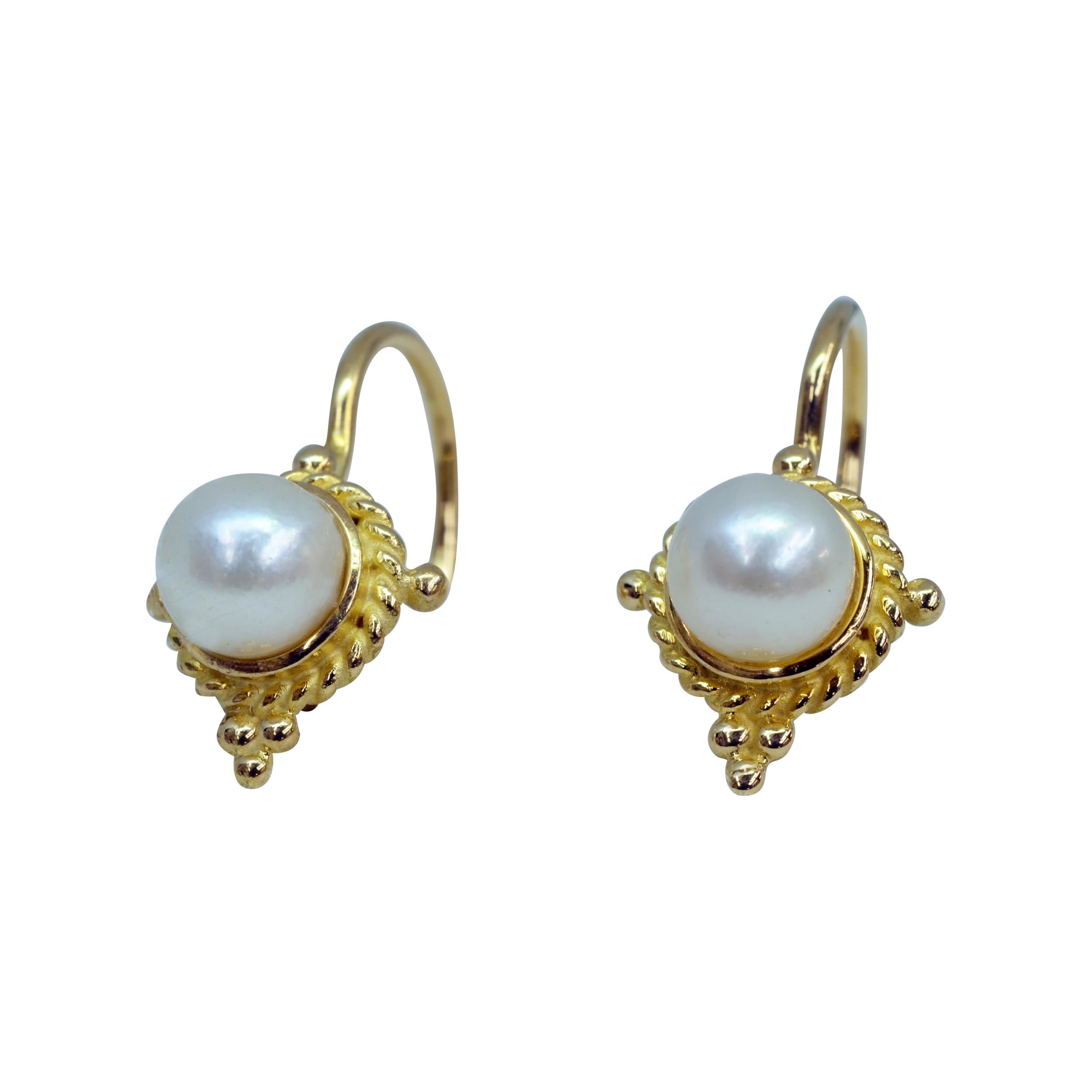 18 Karat Yellow Gold Pearl Drop Earrings For Sale