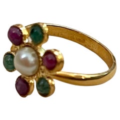 18 Karat Yellow Gold Pearl Emerald and Ruby Flower Ring