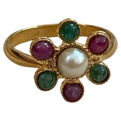 18 Karat Yellow Gold Pearl Emerald and Ruby Flower Ring