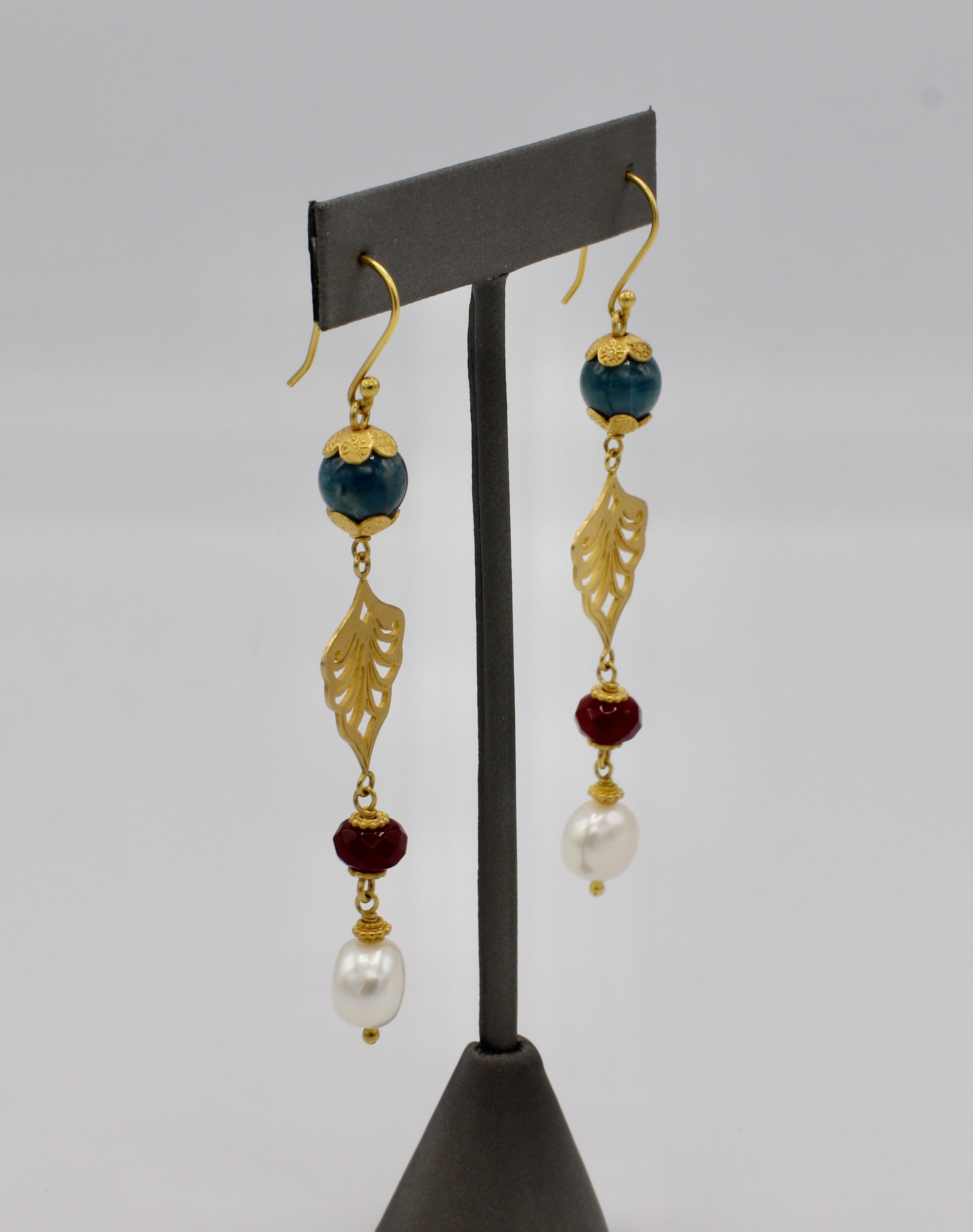 Round Cut 18 Karat Yellow Gold Pearl and Gemstone Dangle Drop Earrings