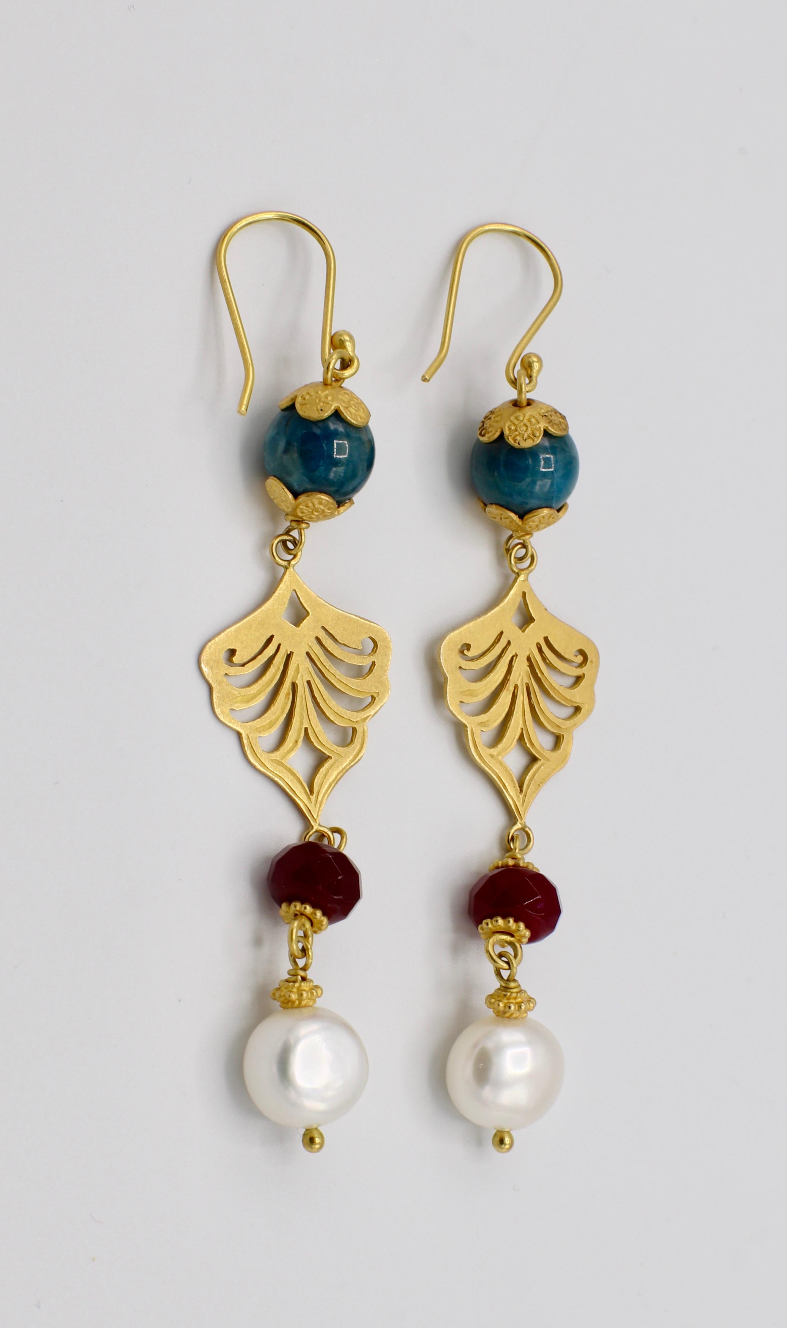 18 Karat Yellow Gold Pearl and Gemstone Dangle Drop Earrings In Excellent Condition In  Baltimore, MD