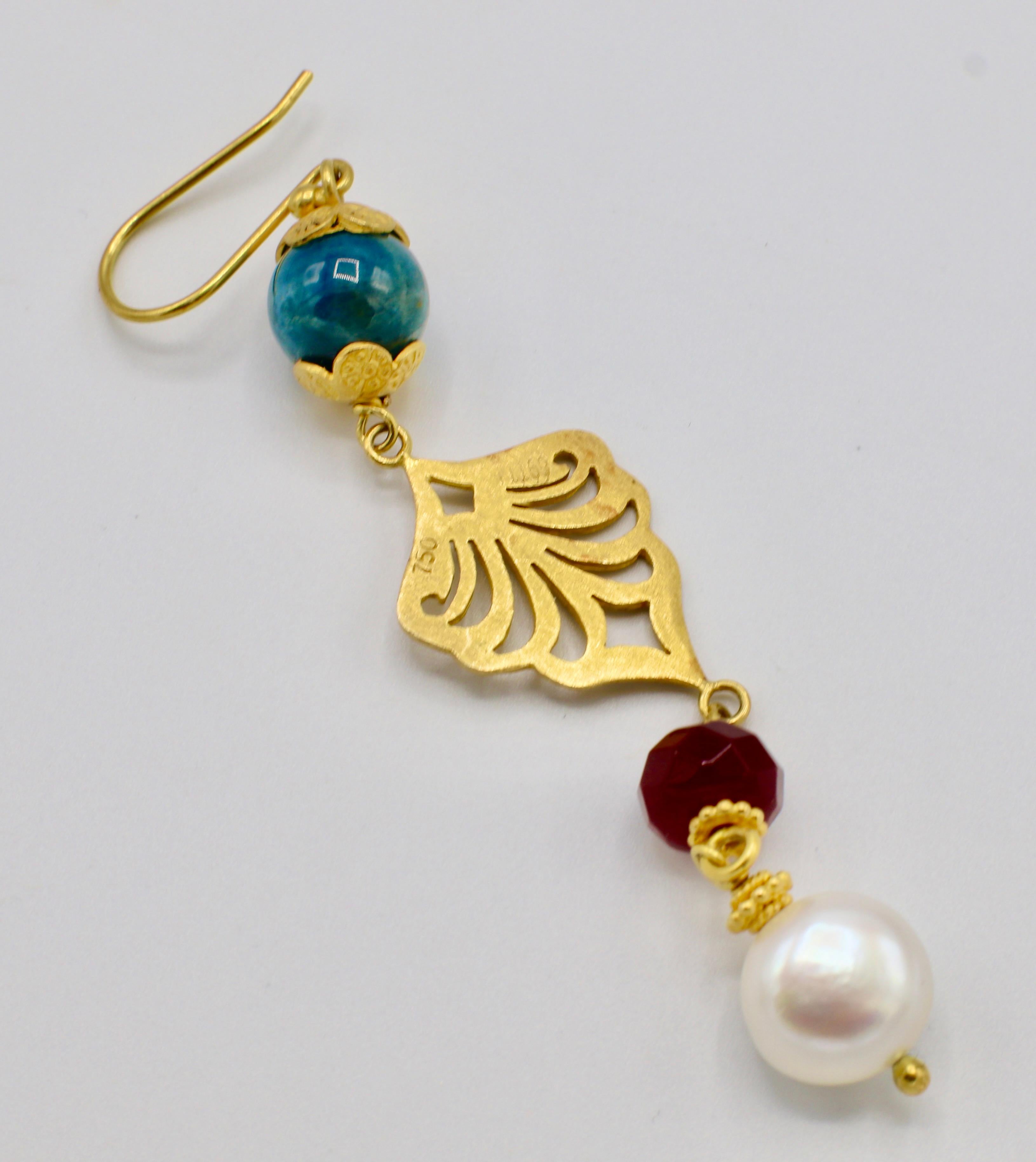 Women's 18 Karat Yellow Gold Pearl and Gemstone Dangle Drop Earrings