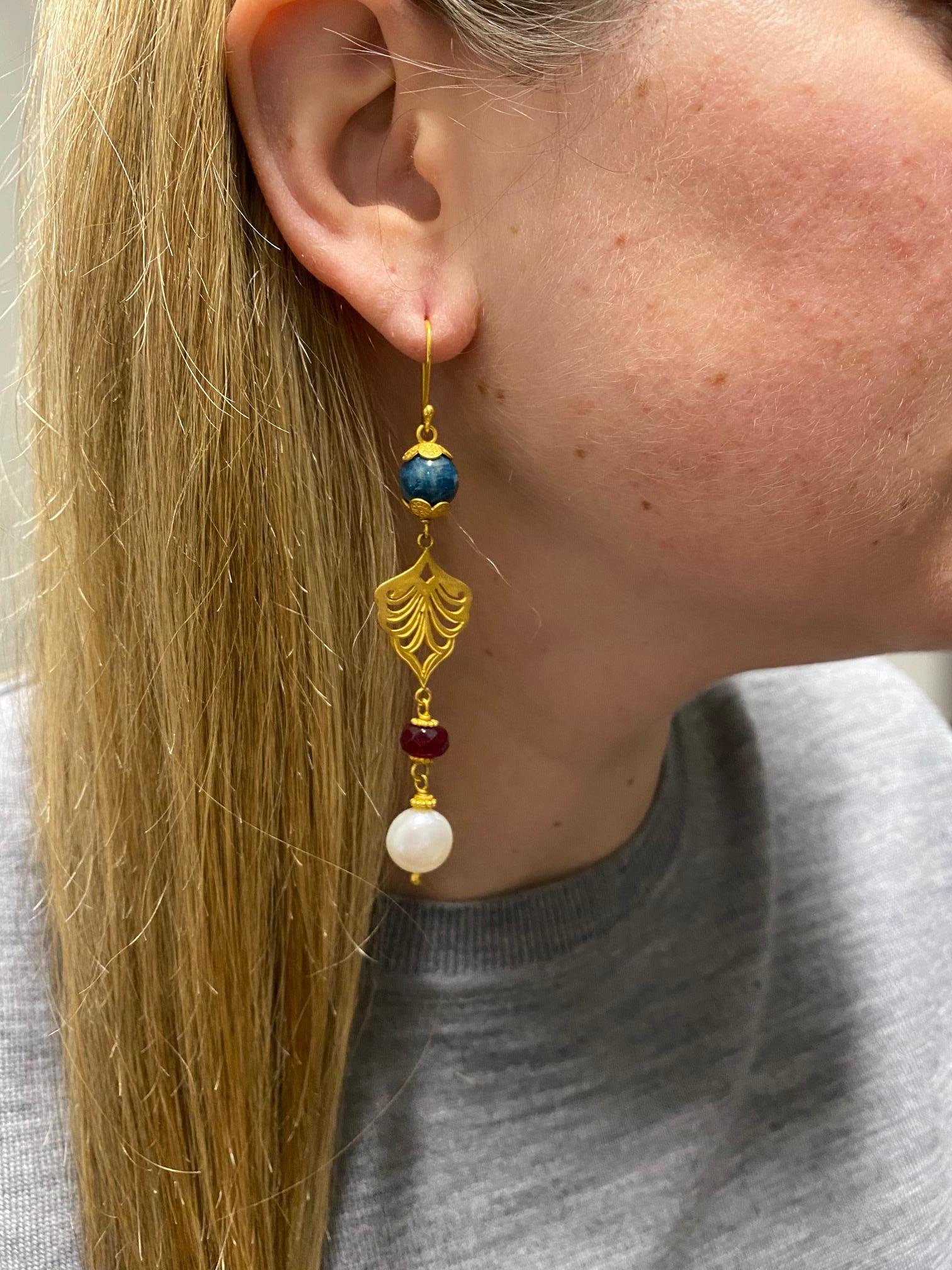 18 Karat Yellow Gold Pearl and Gemstone Dangle Drop Earrings 1