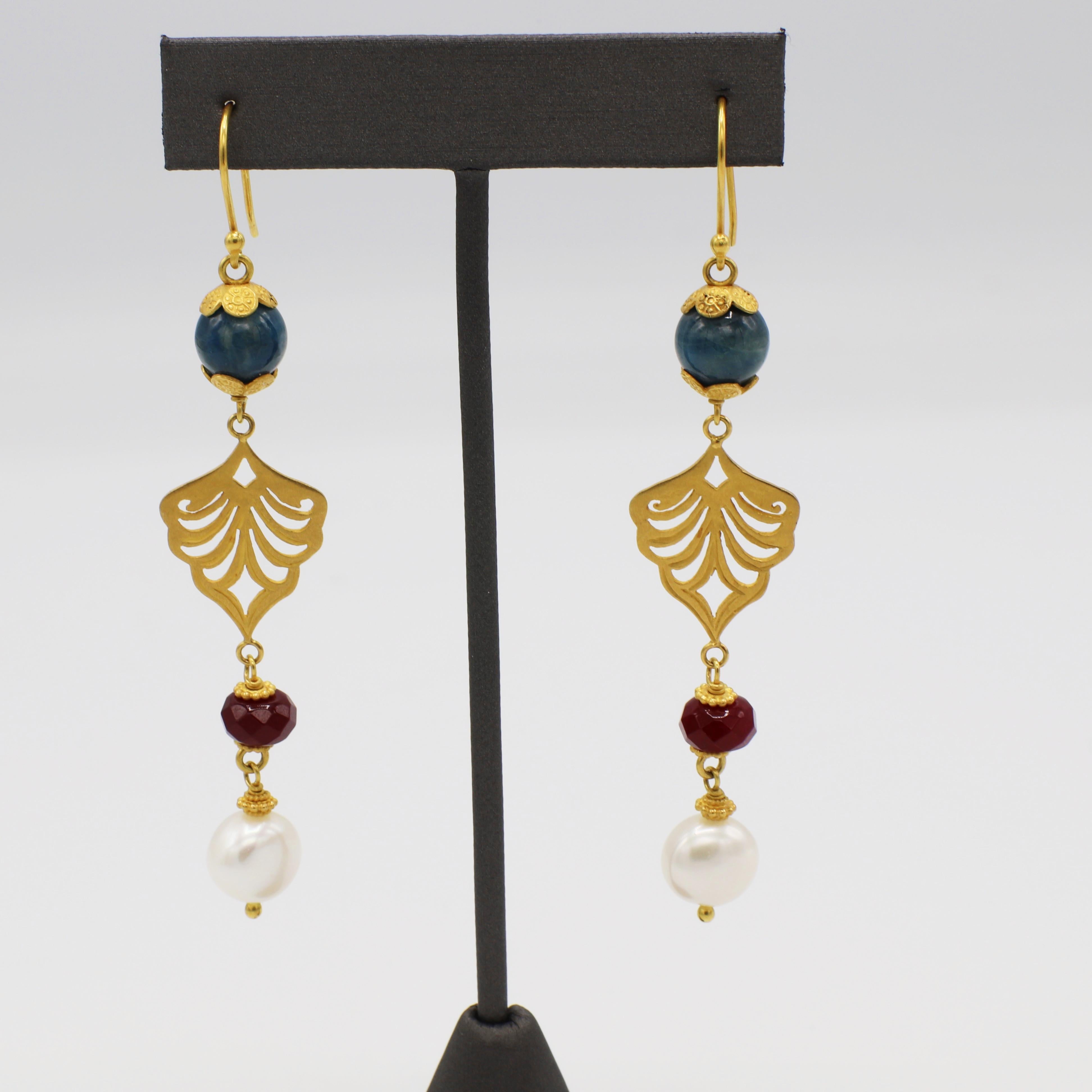 18 Karat Yellow Gold Pearl & Red & Blue Gemstone Dangle Drop Earrings 
Metal: 18k yellow gold
Weight: 15.9 grams
Length: 3 1/2 inches
Width: 3/4 inch 
