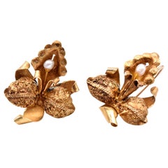 18 Karat Yellow Gold Pearl Orchid Earrings with Sheppard Hooks