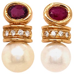 18 Karat Yellow Gold Pearl, Ruby and Diamond Earrings