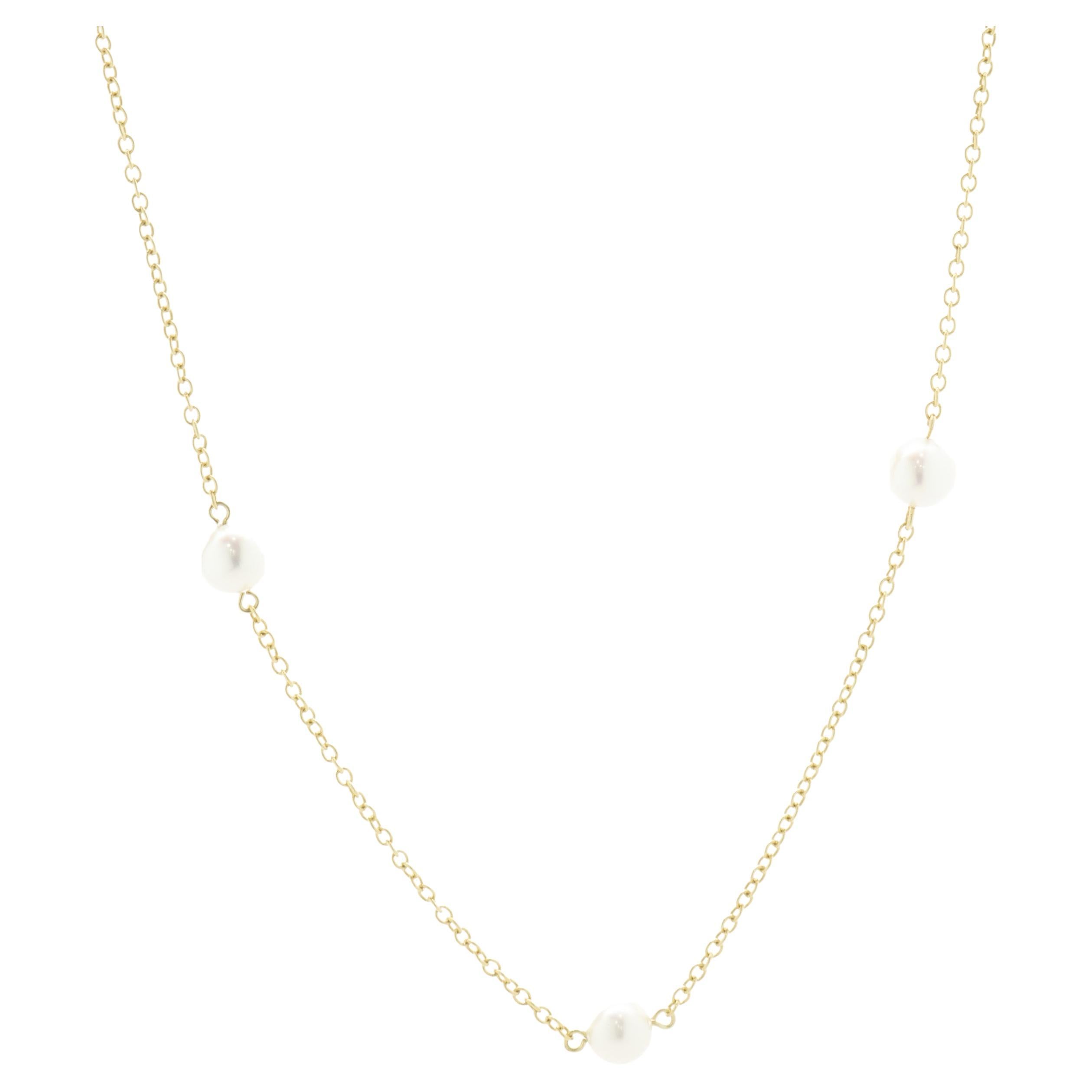 18 Karat Yellow Gold Pearl Station Necklace For Sale