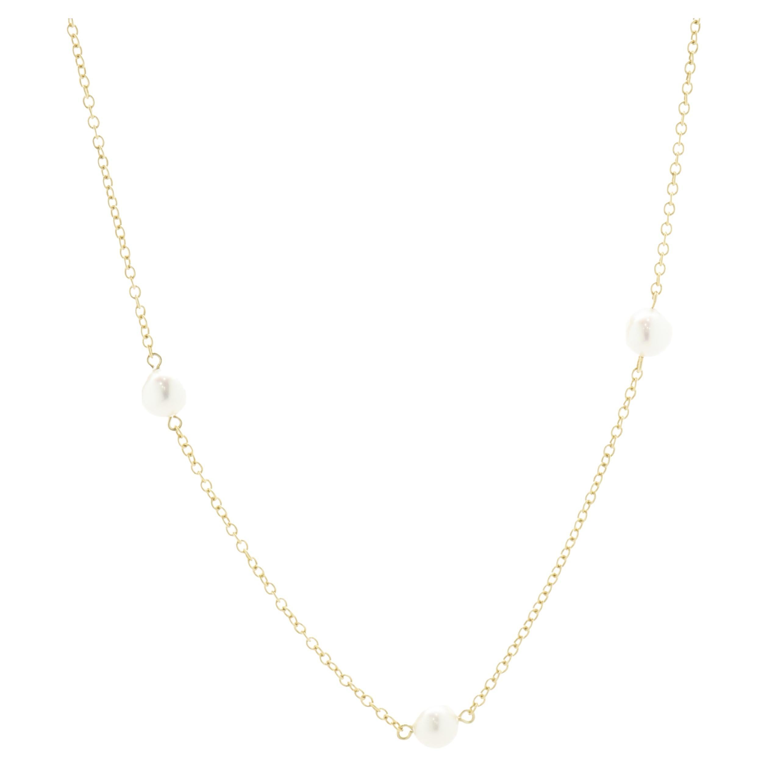 18 Karat Yellow Gold Pearl Station Necklace