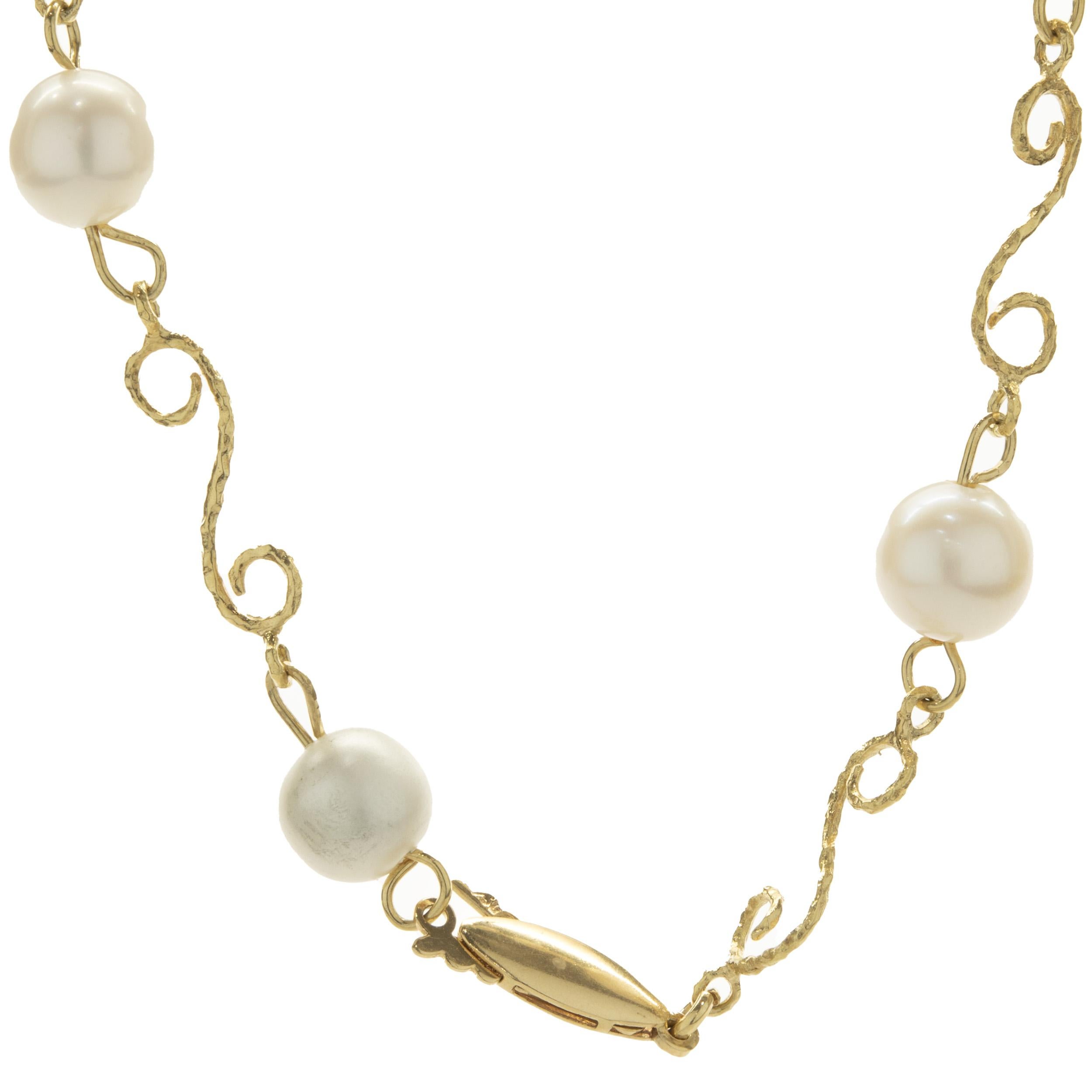 Uncut 18 Karat Yellow Gold Pearl Station Necklace with Ornate Link For Sale