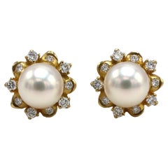 18 Karat Yellow Gold Pearl Stud Earrings With Removable Diamond Jackets