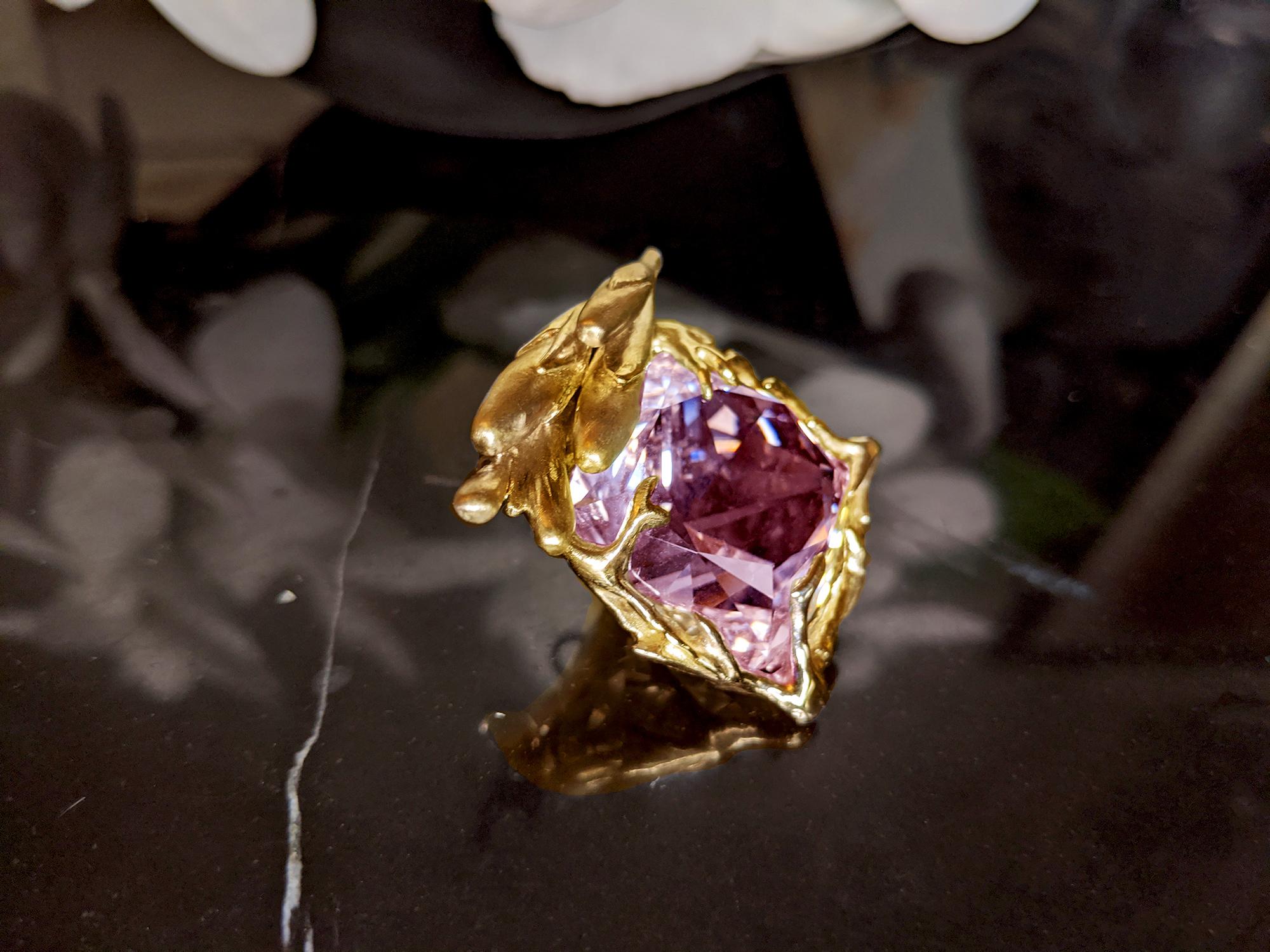 Cushion Cut Eighteen Karat Yellow Gold Cocktail Ring by Artist with Kunzite and Diamonds For Sale