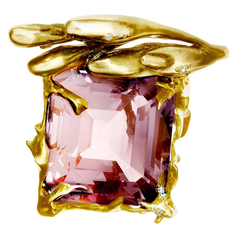 Eighteen Karat Yellow Gold Cocktail Ring by Artist with Kunzite and Diamonds