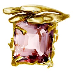 Eighteen Karat Yellow Gold Cocktail Ring by Artist with Kunzite and Diamonds