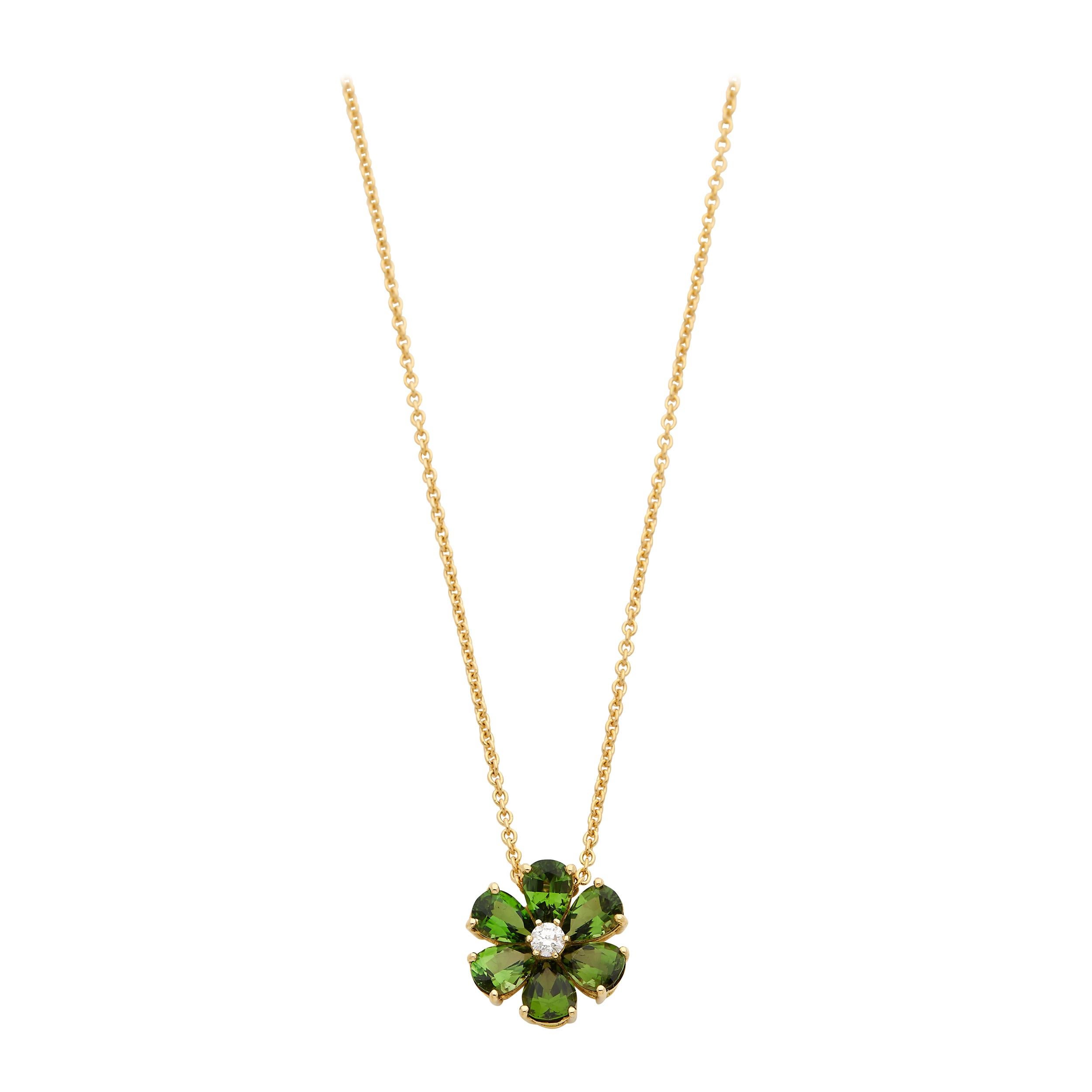 18 Karat Yellow Gold Pendant Necklace with 1.97 Carat Tourmalines and Diamonds For Sale
