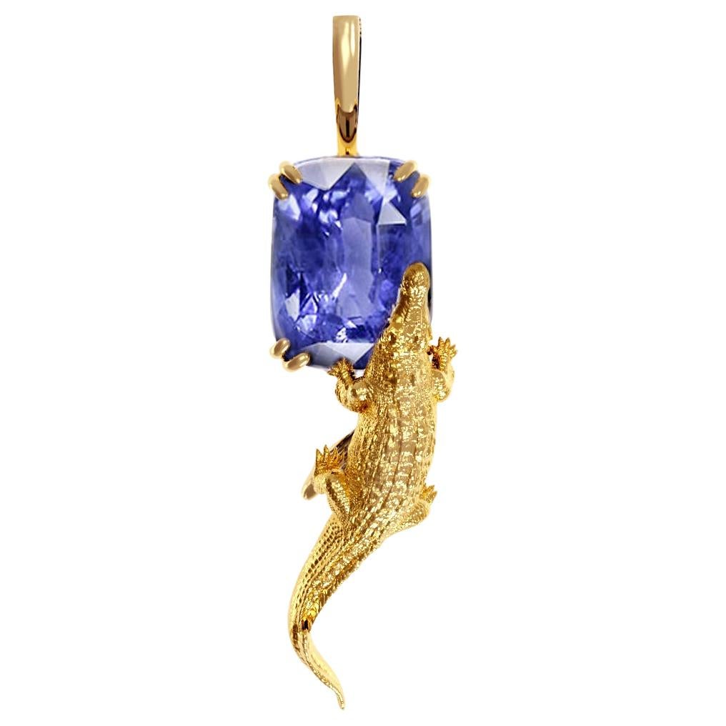 Yellow Gold Pendant Necklace with 6.96 Cts Ceylon Vivid Blue Sapphire For Sale