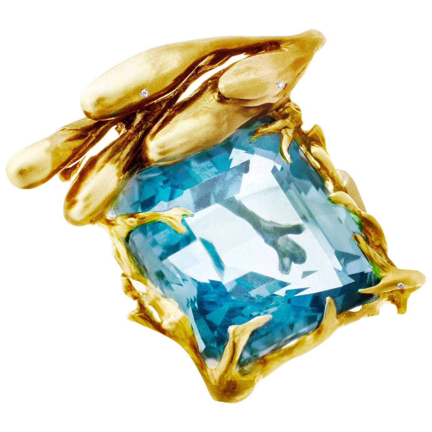 Verlobungs-Halskette aus Karat Gelbgold mit blauem Topas und Diamanten