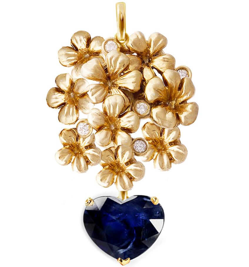 Yellow Gold Pendant Necklace with Diamonds and Certified Heart Cut Sapphire In New Condition For Sale In Berlin, DE