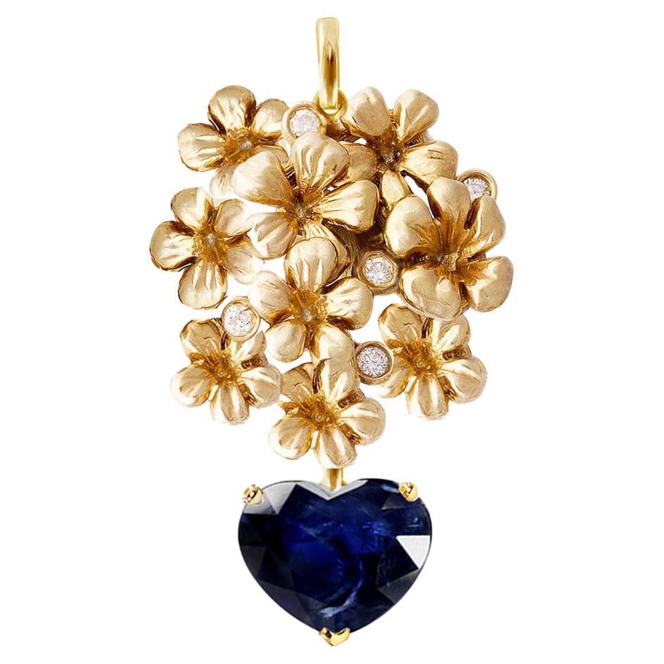 Collier pendentif en or jaune avec diamants et saphir certifié en forme de cœur