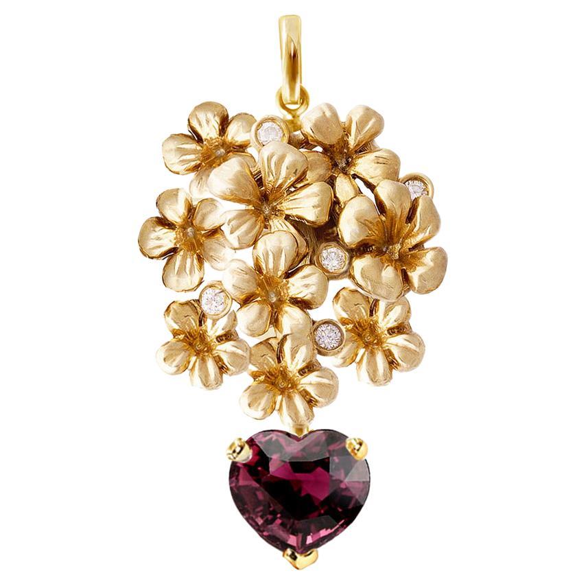 18 Karat Yellow Gold Pendant Necklace with Diamonds and Heart Cut Rubellite