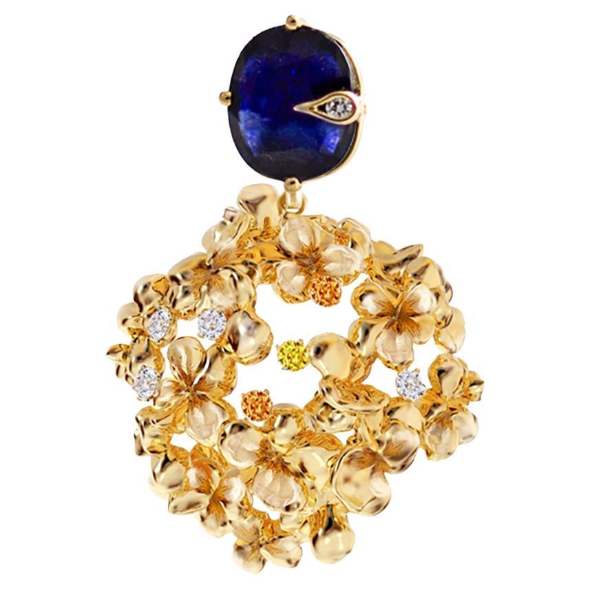 Yellow Gold Contemporary Floral Pendant Necklace with Diamonds and Sapphire For Sale