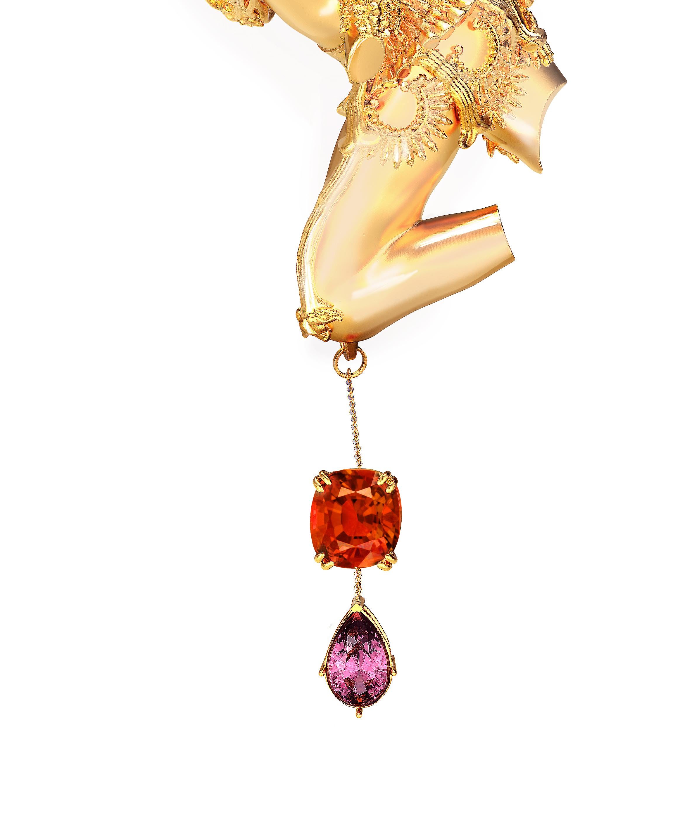 GRS Certified Red Spinel and Diamonds Yellow Gold Sculptural Pendant Necklace For Sale 6