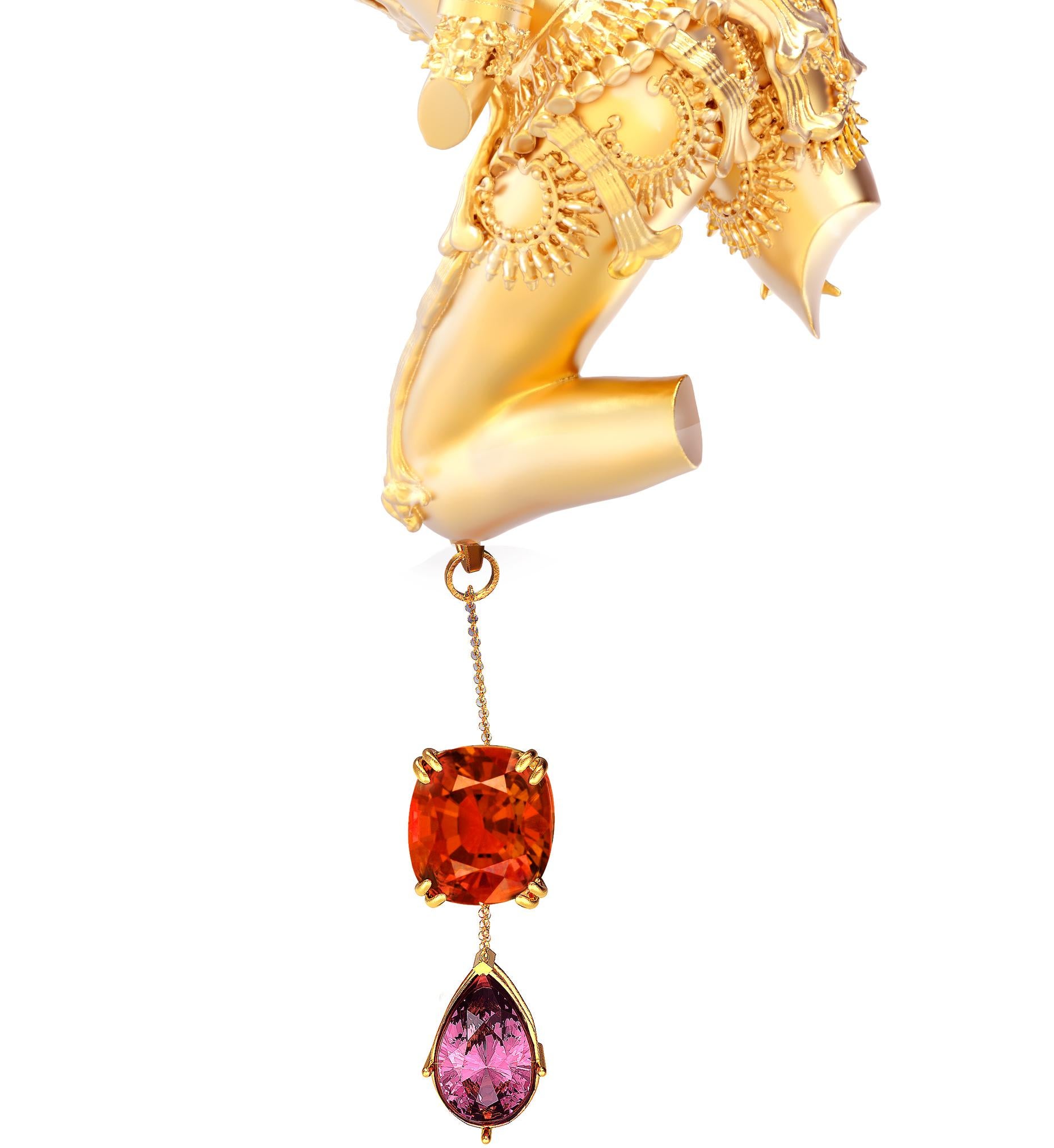 This Celestial Dancer Devata Sculptural pendant necklace is made of 18 karat yellow gold with untreated unheated (PL tested) natural cushion cut vivid red spinel, 3,07 carats, 9,27x7,72x5,14 mm, GRS certified (Swiss lab), from Burma (Myanmar), pear