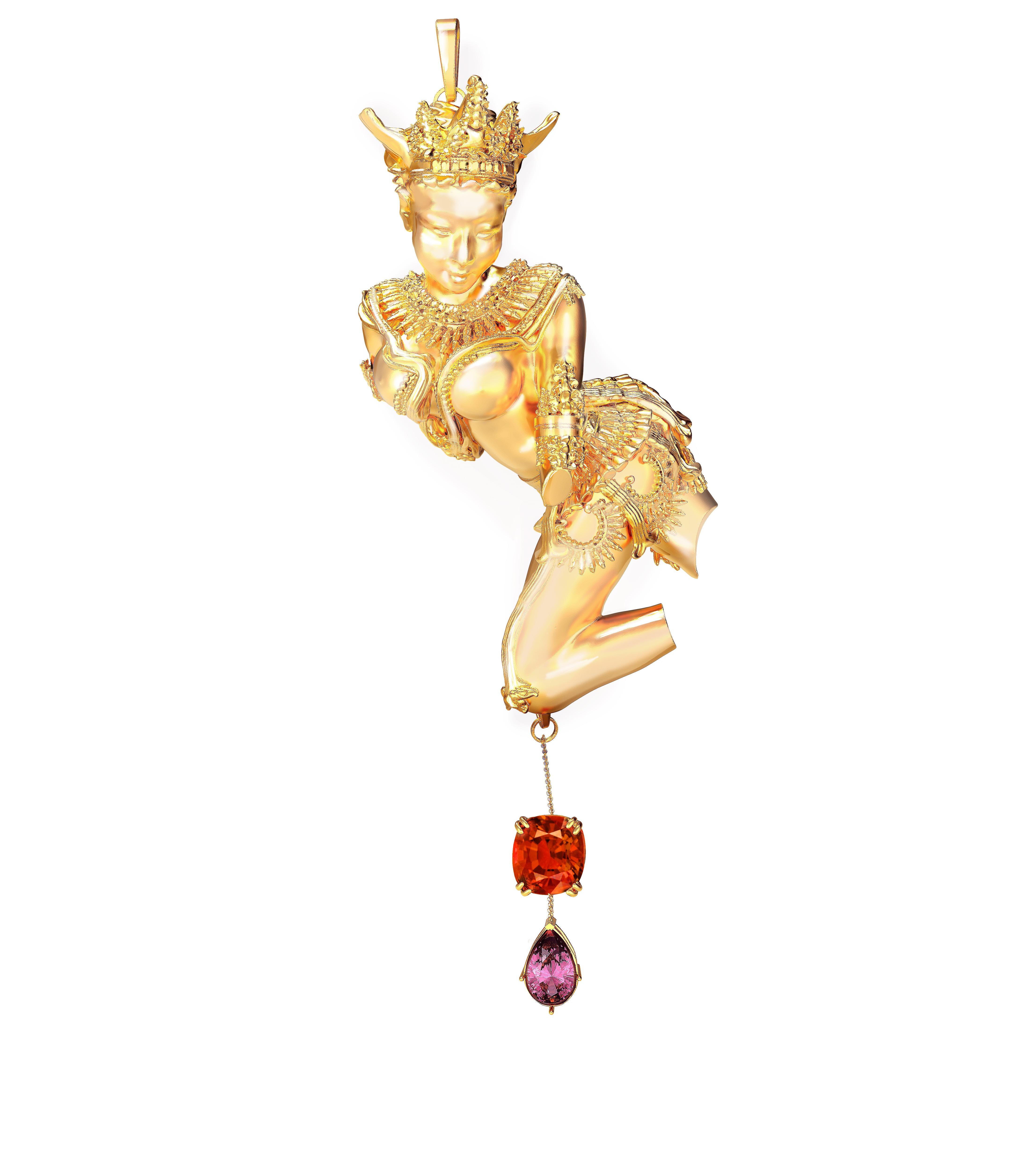 GRS Certified Red Spinel and Diamonds Yellow Gold Sculptural Pendant Necklace In New Condition For Sale In Berlin, DE