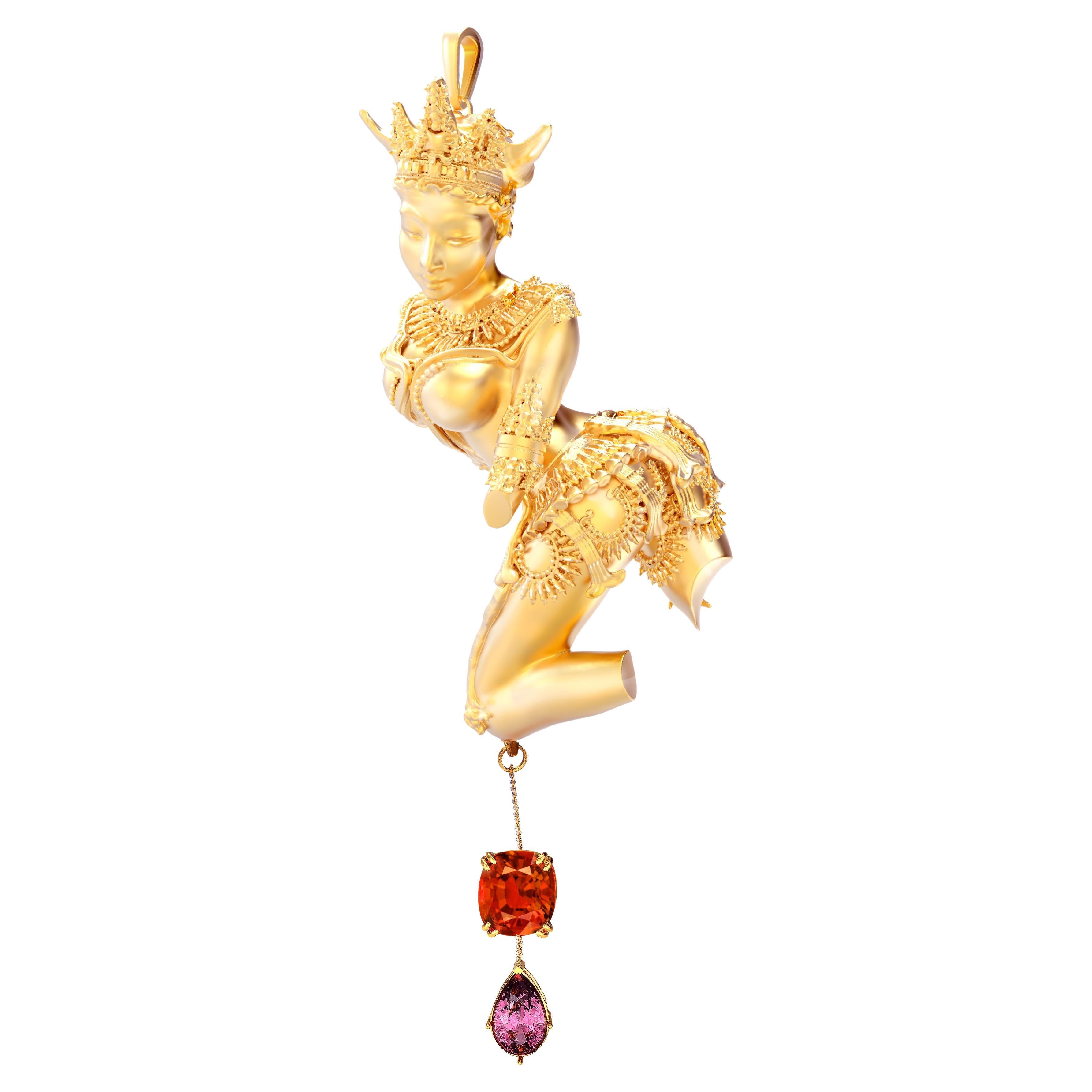 GRS Certified Red Spinel and Diamonds Yellow Gold Sculptural Pendant Necklace