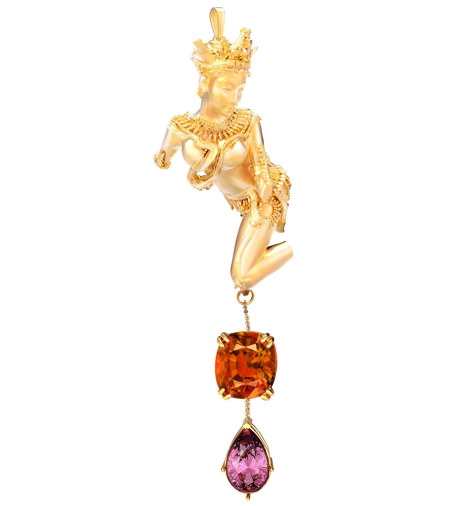 Contemporary 18 Karat Yellow Gold Devata Pendant Necklace with Malaya Garnet and Diamonds For Sale
